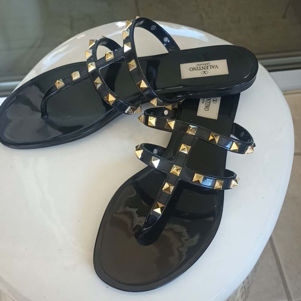 Valentino Black Sandals with Gold Studs